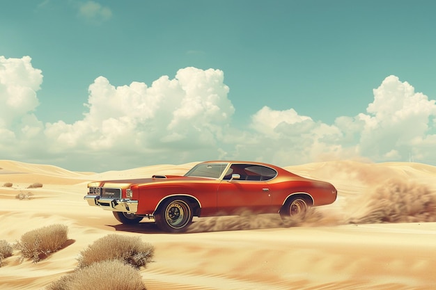 Coupé retro che guida attraverso un paesaggio desertico