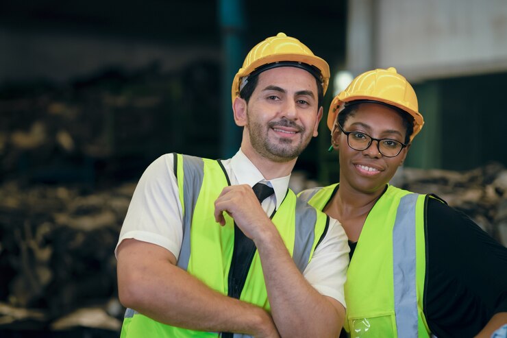 Couple friend Team Worker mix race  enjoy working in heavy factory standing together happy smiling portrait shot looking camera