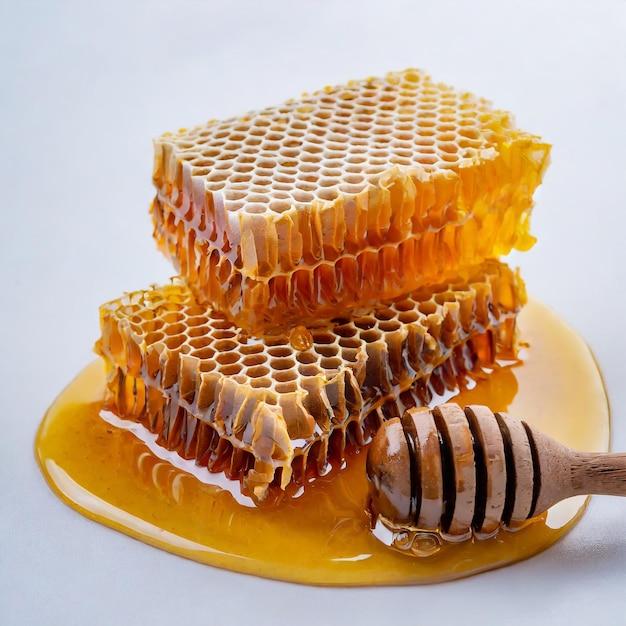 Cova di miele con miele su sfondo bianco