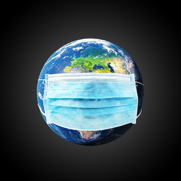 COVID-19, concetto di viaggio e mondo sicuro, globo in maschera medica. Pianeta Terra con protezione. Elementi di immagine forniti dalla NASA. illustrazione 3d
