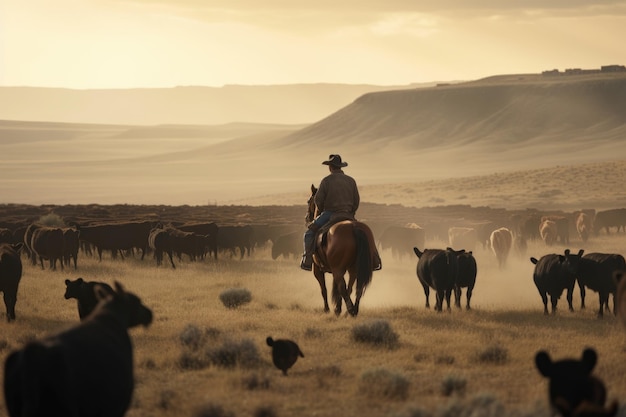 Cowboy a cavallo che guida la sua mandria attraverso le pianure aperte create con l'IA generativa