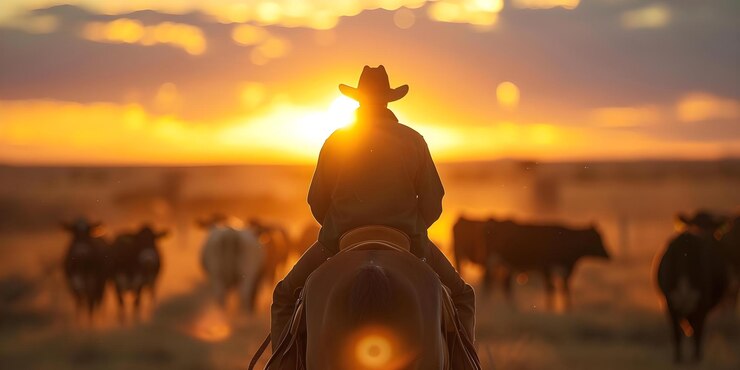 Foto cowboy a cavallo che raccoglie il bestiame nell'outback australiano al tramonto concept wild west cattle ranching australian outback sunset cowboy a cavallo