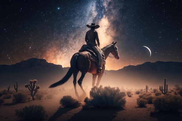 Cowboy a cavallo nel deserto di notte con la Via Lattea nel cielo AI