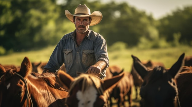 Cowboy che alleva il bestiame in una fattoria