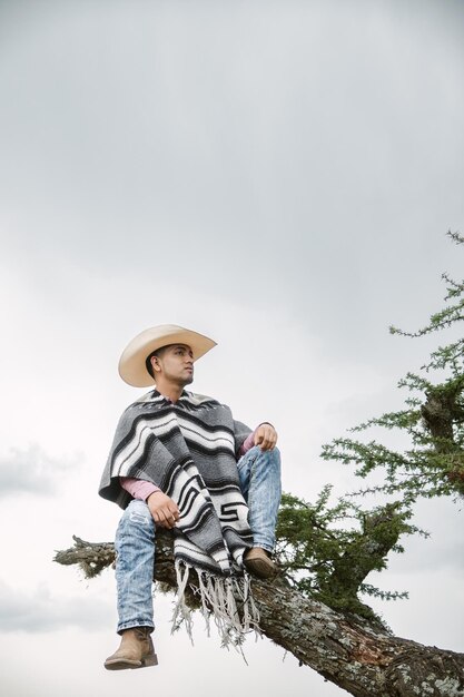 Cowboy che indossa un poncho seduto sotto un albero nel cielo