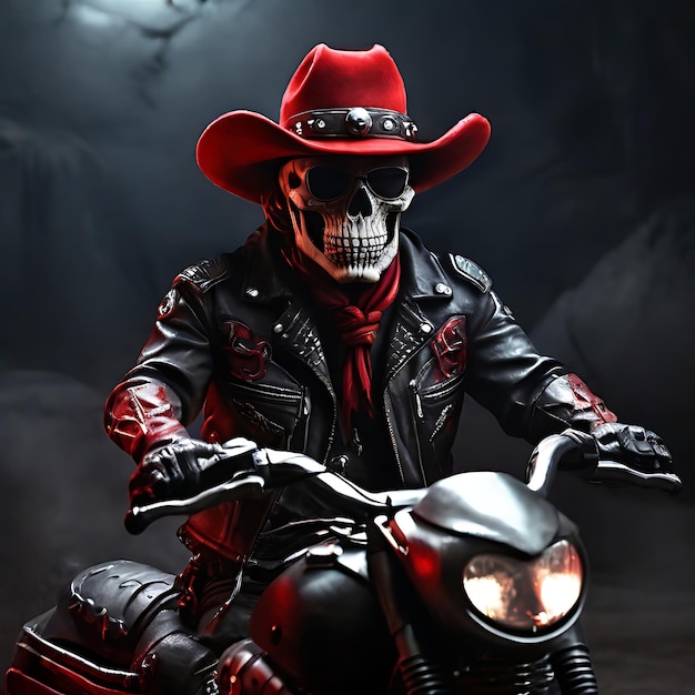 cowboy cranio con cappello rosso su motocicletta AI scura