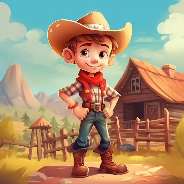 Cowboy dei cartoni animati in un ranch IA generativa carina