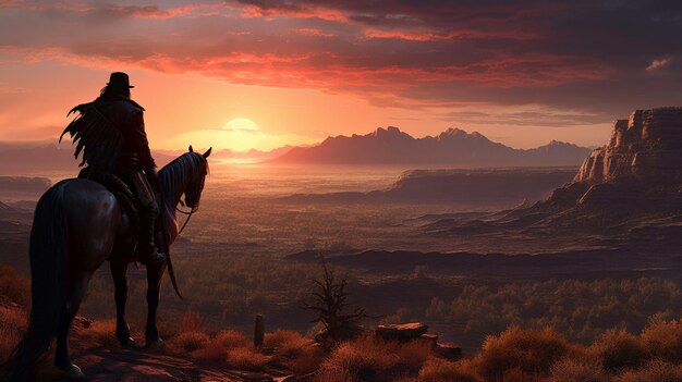 Cowboy del selvaggio ovest su un cavallo sullo sfondo l'estremo ovest in una valle deserta ispirata all'Arizona