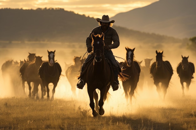 Cowboy e mandria di cavalli al pascolo