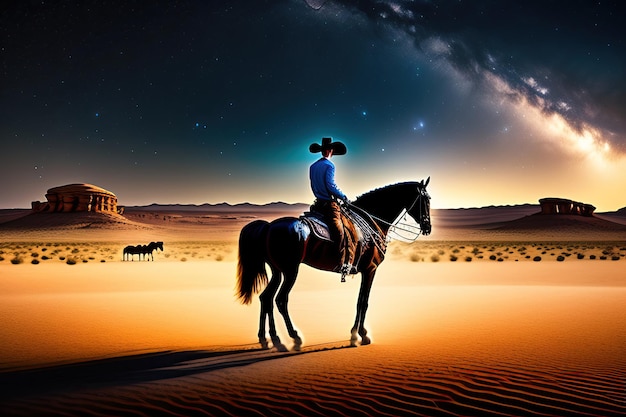 Cowboy occidentale solitario a cavallo nel deserto sotto un cielo notturno stellato con la Via Lattea e la ragazza