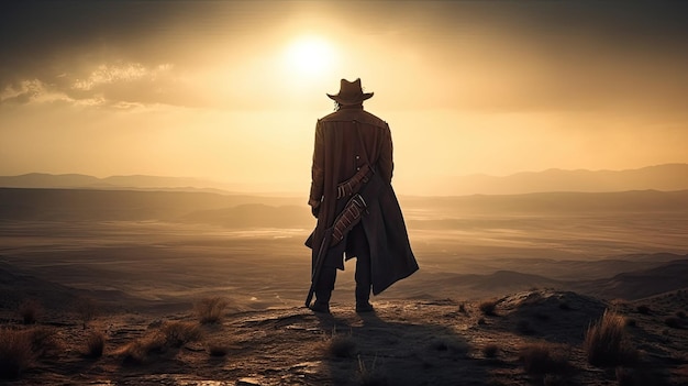 cowboy solitario in piedi sulla cima di una collina che si staglia contro un tramonto vibrante