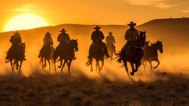Cowboys a cavallo in silhouette dal tramonto