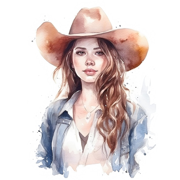 Cowgirl dipinto a mano dell'acquerello in un cappello