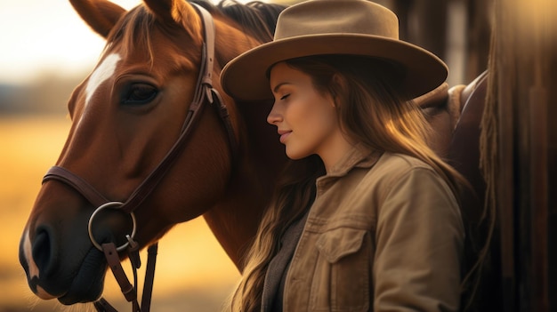 Cowgirl godendo con il cavallo in fattoria