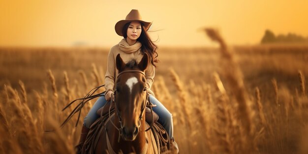 cowgirl in abiti da cavallo nel campo donna bella e in forma
