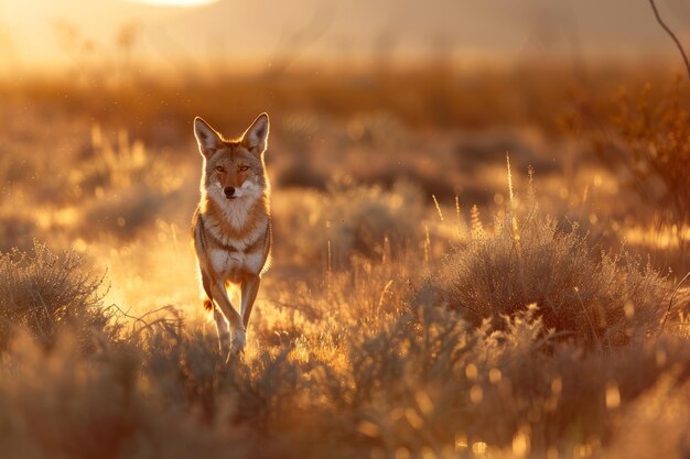 Coyote trot attraverso l'erba secca coyote trot attraverso il deserto all'alba