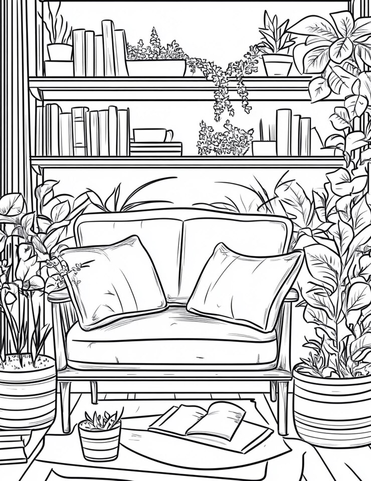 Cozy Reading Nook Coloring Book Pages