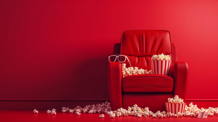 Cozy red cinema seat chair with popcorn and sunglasses on red concept background Generative AI