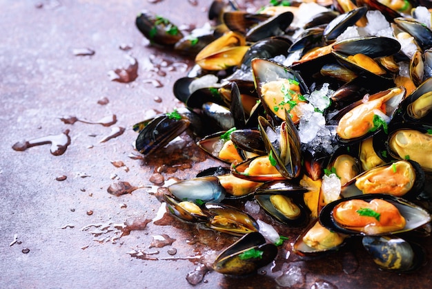 Cozze su calcestruzzo di pietra. Vista dall&#39;alto, copia spazio