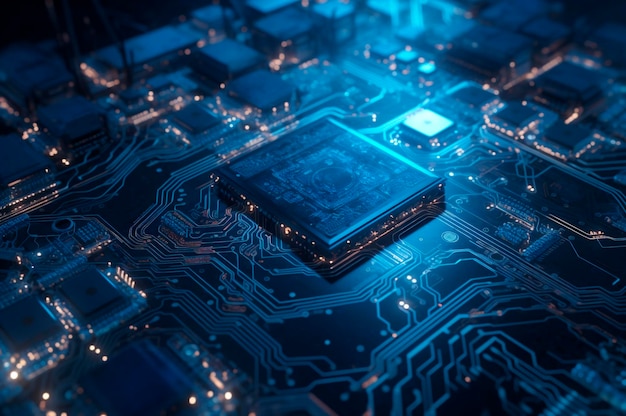 CPU avanzata concetto di unità di elaborazione centrale sicurezza di rete chip della scheda madre tecnologia sfondo scientifico AI generato fuoco selettivo