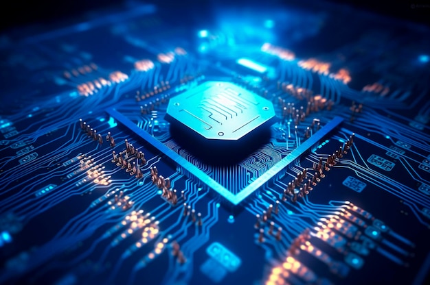 CPU avanzata concetto di unità di elaborazione centrale sicurezza di rete chip della scheda madre tecnologia sfondo scientifico AI generato fuoco selettivo