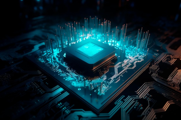 CPU avanzata concetto di unità di elaborazione centrale sicurezza di rete chip della scheda madre tecnologia sfondo scientifico AI generato fuoco selettivo