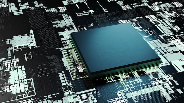 Cpu chip on mainboard concept 3d rendering