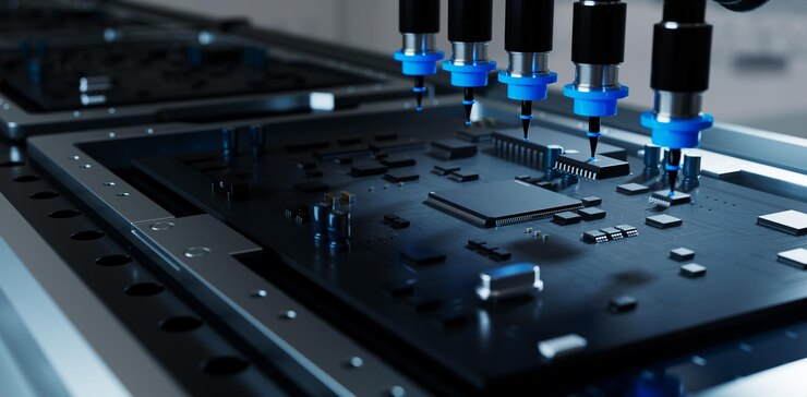 CPU manufacturing conveyor belt 3D illustration on technology and industrial chip manufacturing
