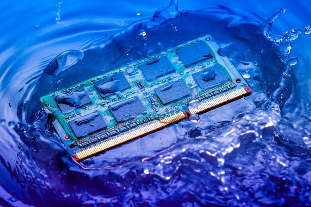 cpu ram computer Cadere in acqua su sfondo azzurro. CPU che si raffredda con acqua