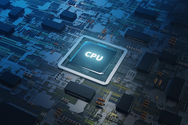 Cpu sul rendering 3d di sfondo della scheda madre