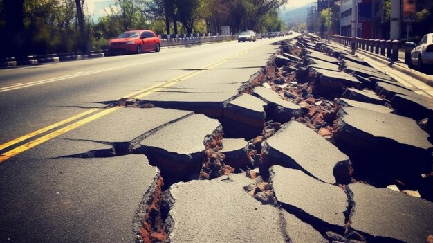 Cracche sulla strada dopo i danni del terremoto