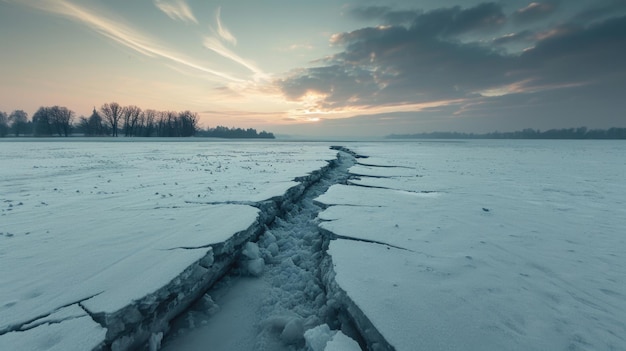 Crack di ghiaccio sul lago ghiacciato