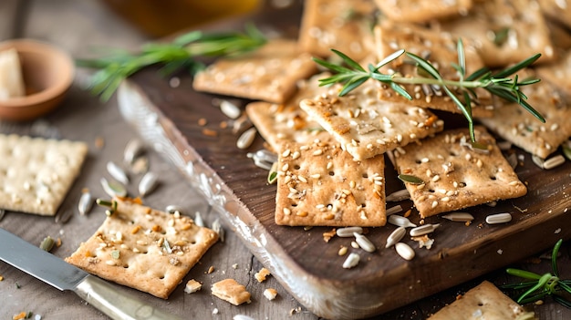 Cracker a grano intero fatti in casa con semi su tavola di legno ideali per spuntini salutari close-up selective focus fotografia di cibo biologico AI