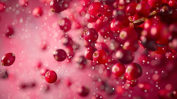 Cranberries flying chaotically in the air bright saturated background spotty colors