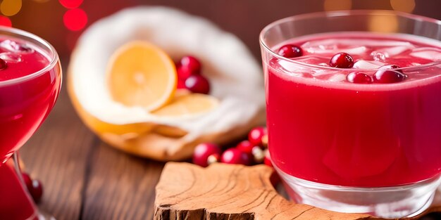 Cranberry Apple Ginger Holiday Punch Juice sul tavolo di legno con sfondo di luci bokeh