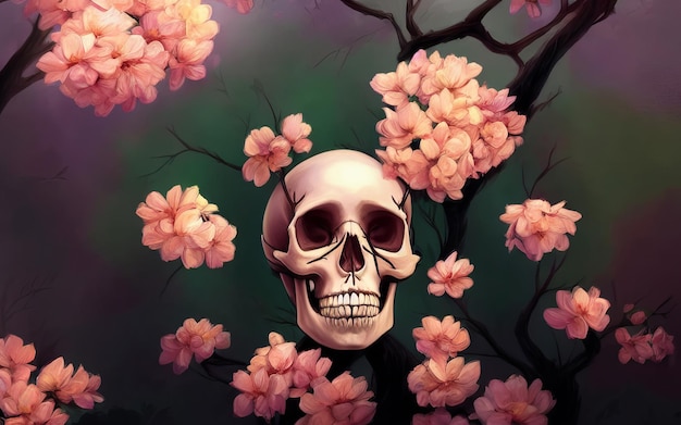 Cranio con sfondo creativo cinematografico di fiori per il giorno dei morti halloween