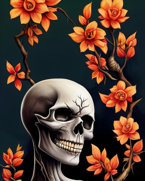 Cranio con sfondo creativo cinematografico di fiori per il giorno dei morti halloween