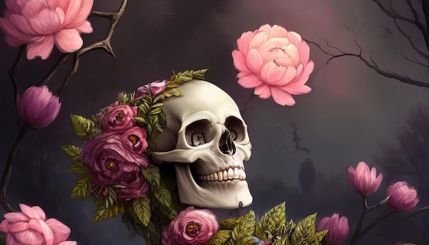 Cranio con sfondo creativo cinematografico di fiori per il giorno dei morti halloween