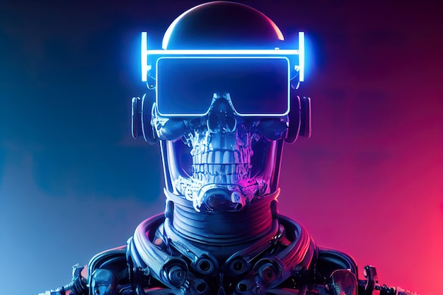 Cranio cyberpunk robot fantascienza cranio cyberpunk faccia con occhiali futuristici per realtà virtuale Illustrazione digitale