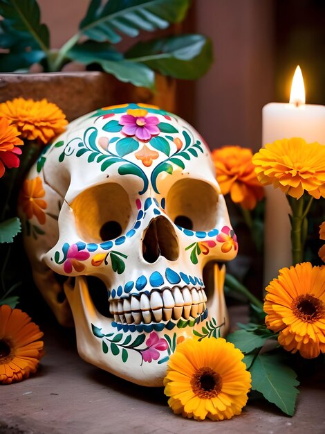 Cranio del giorno dei morti con fiori di calendula e candele accese