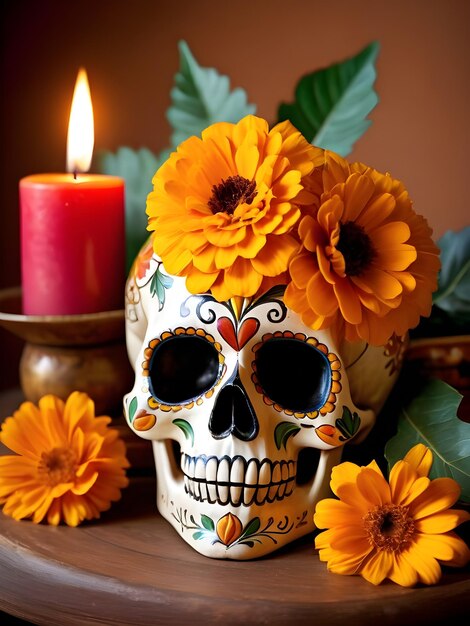 Cranio del giorno dei morti con fiori di calendula e candele accese