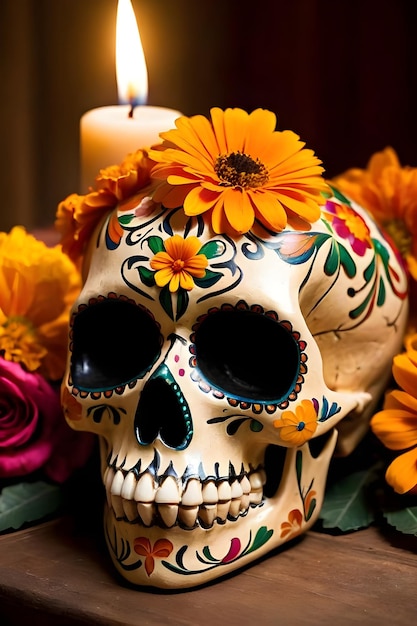 Cranio del giorno dei morti con fiori di calendula e candele accese
