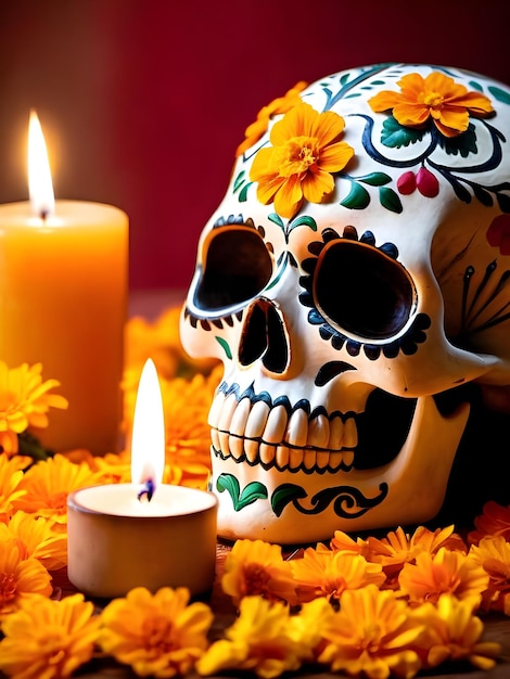 Cranio del giorno dei morti con fiori di calendula e candele accese