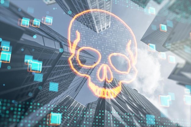 Cranio di codice binario digitale incandescente astratto su texture della città dai toni sfocati Malware di pirateria hacker e concetto di furto di dati Doppia esposizione