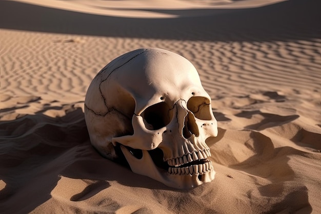 Cranio di una persona sdraiata sulla sabbia del deserto IA generativa