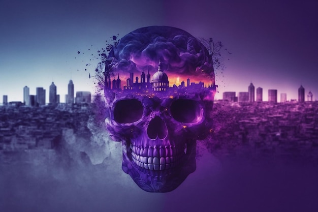 Cranio enorme sullo sfondo della distruzione della città della città