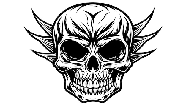 Cranio geometrico e fogliame Disegno monocromatico per abbigliamento e T-Shirt a grassetto