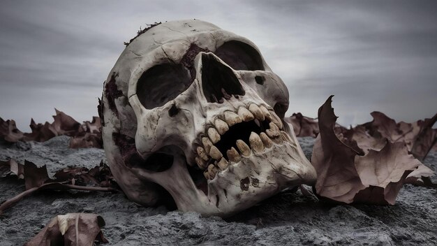 Cranio morto posto su terreno grigio