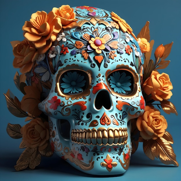 Cranio tradizionale dello zucchero di calavera decorato con l'illustrazione dei fiori 3d