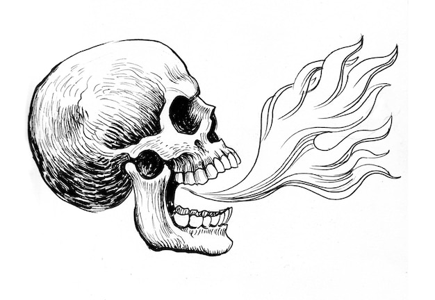 Cranio umano che respira fuoco. Disegno a inchiostro in bianco e nero